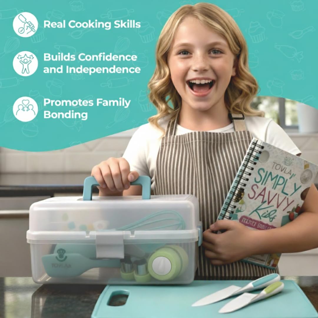 Smiling girl holding the cooking set storage case and Simply Savvy cookbook