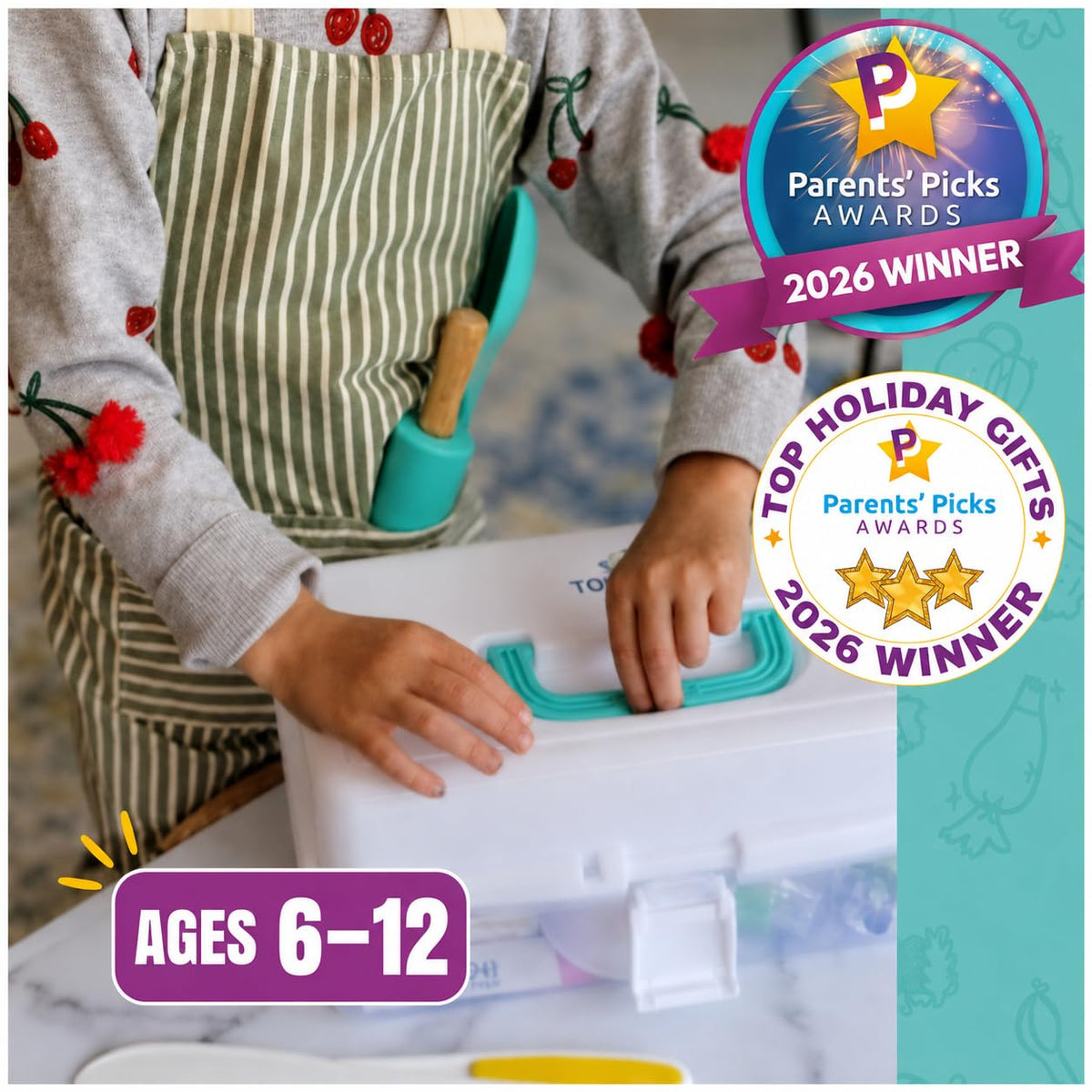 Child using the cooking set storage case, Parents' Picks 2026 Winner, ages 6 to 12