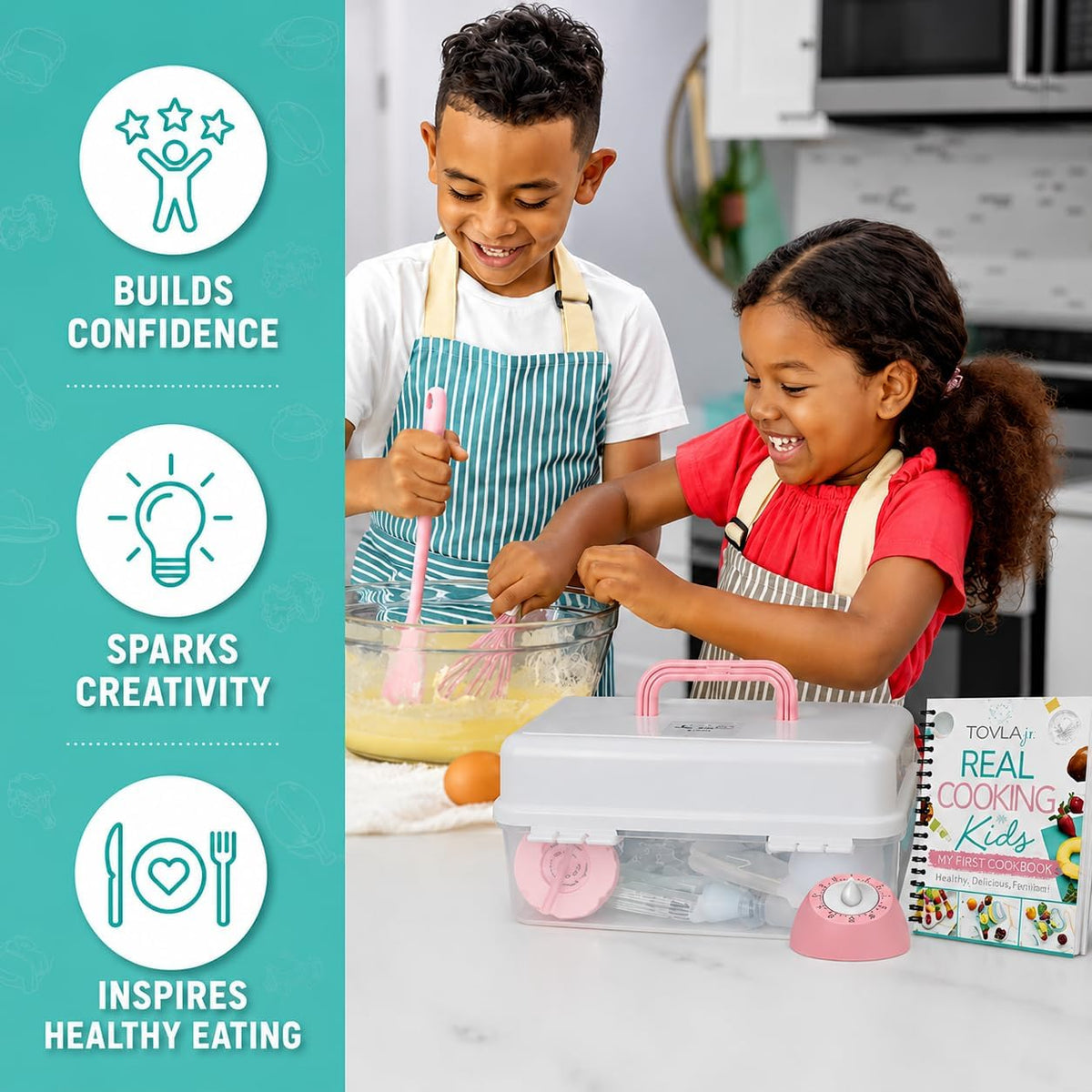 Boy and girl cooking together: builds confidence, sparks creativity, inspires healthy eating