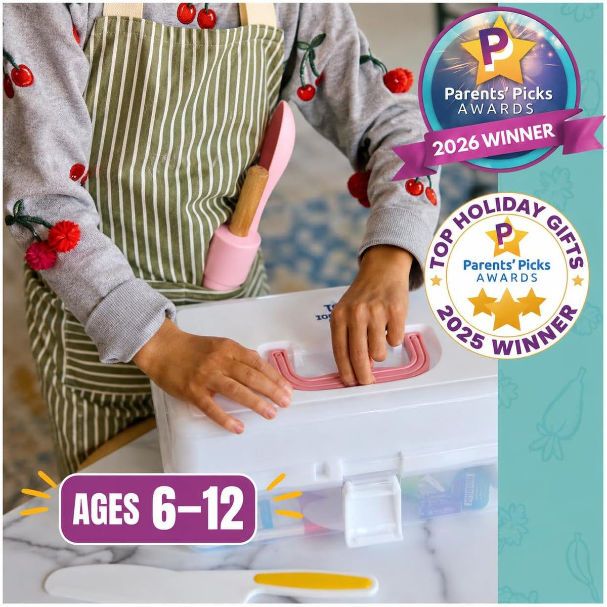 Child using the pink cooking set storage case, Parents' Picks 2026 Winner, ages 6 to 12