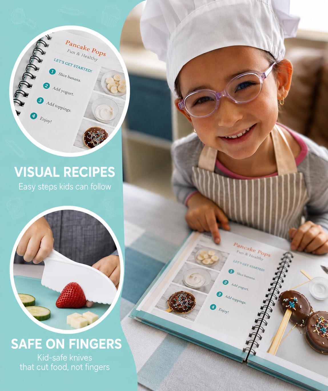 Girl in a chef hat with the visual recipe book: visual recipes and safe on fingers
