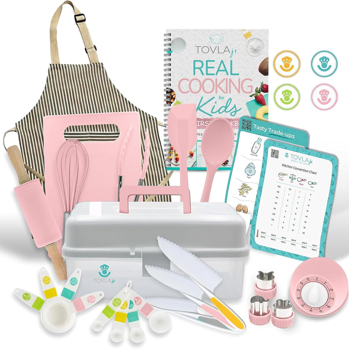 Pink Ultimate Cooking and Baking Set with apron, visual cookbook, utensils, knives, measuring cups and storage case