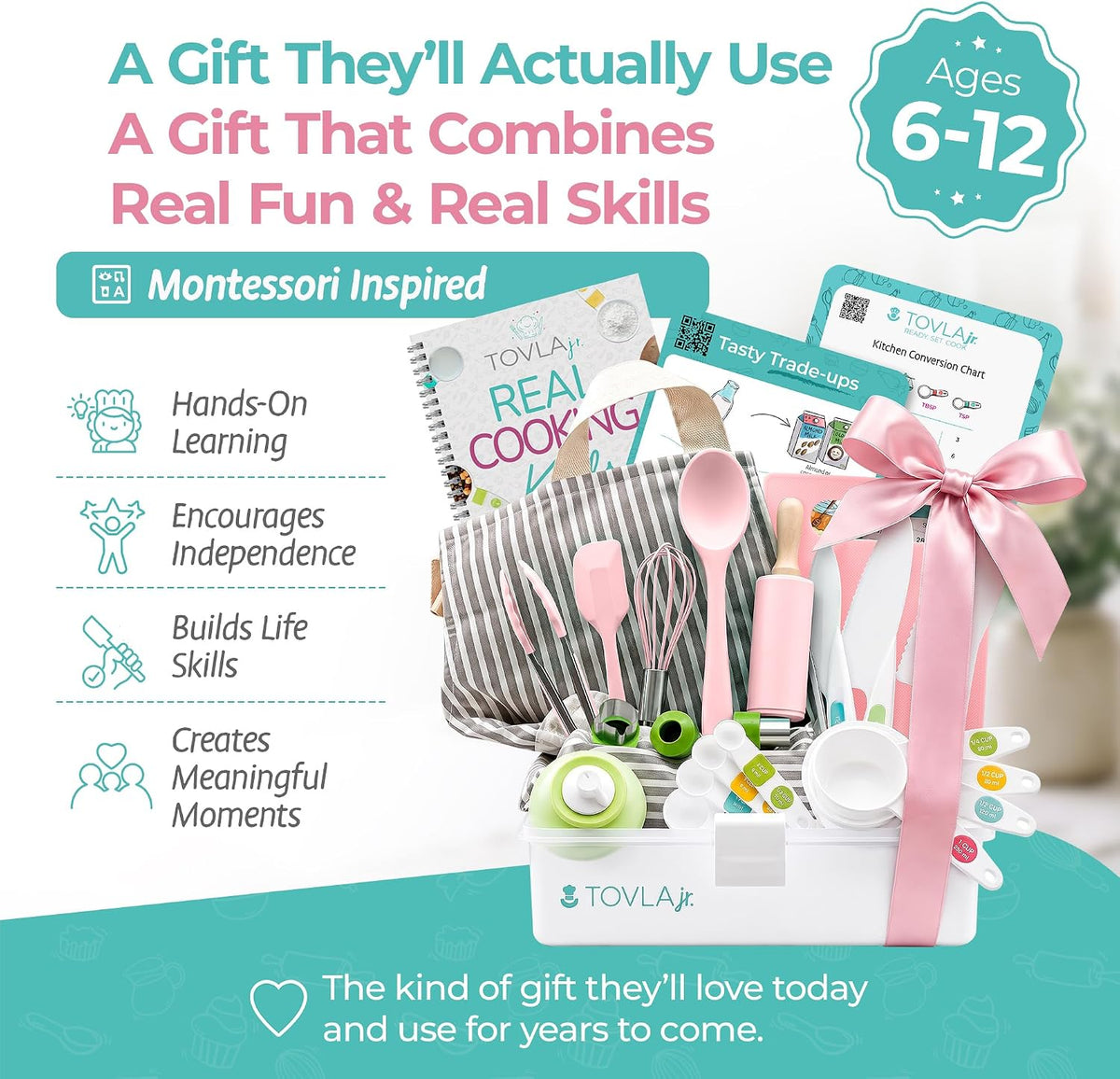 Pink cooking set wrapped as a gift, Montessori inspired, ages 6 to 12