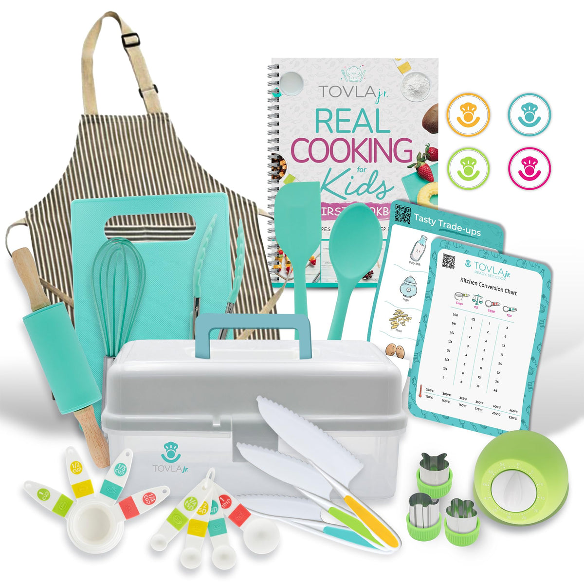 Tovla Jr. Ultimate Kids Cooking Set with apron, visual cookbook, utensils, knives, measuring cups and storage case