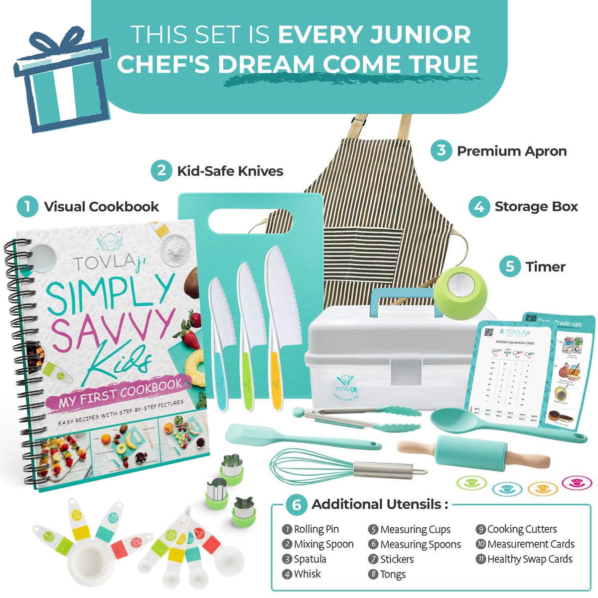 What is in the Ultimate Kids Cooking Set: visual cookbook, kid safe knives, apron, storage box, timer and utensils