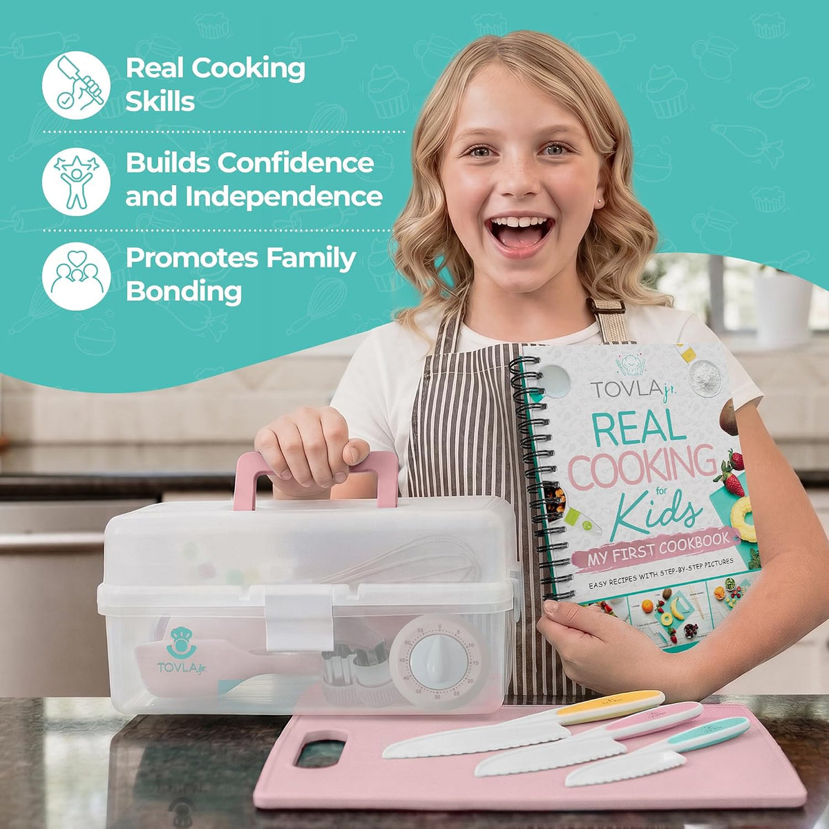 Smiling girl holding the pink storage case and visual cookbook