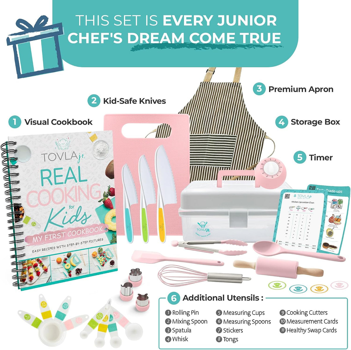 What is in the pink cooking set: visual cookbook, kid safe knives, apron, storage box, timer and utensils