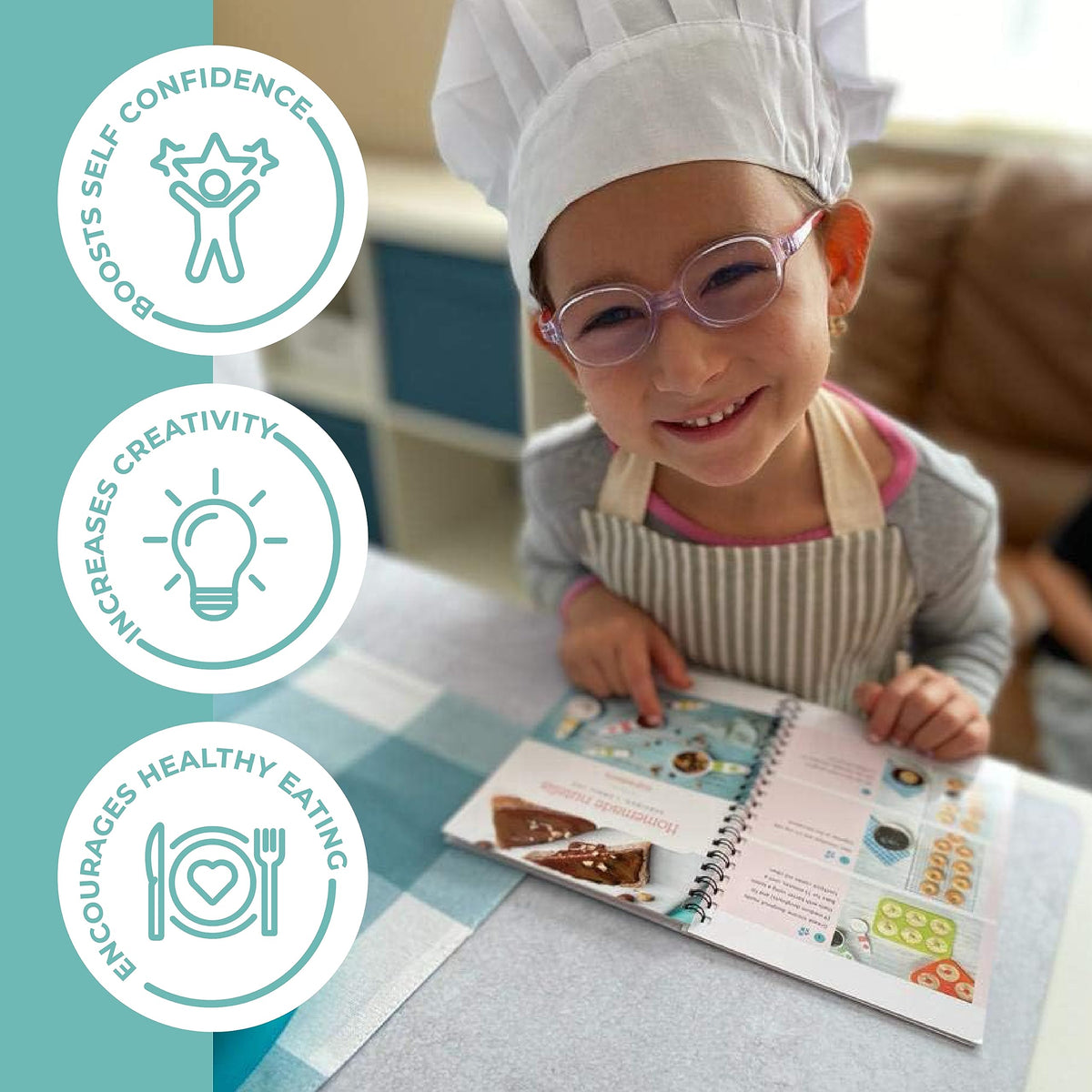Girl in a chef hat reading the visual cookbook